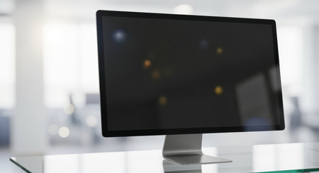 Modern widescreen computer monitor on glass desk in contemporary bright office environment with blurred background lights.の素材