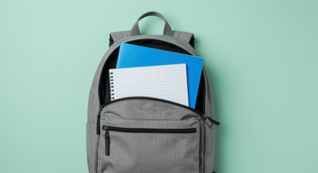 Gray backpack with blue folder and grid notebook organized neatly against pastel green background for back to school or academic themes.の素材