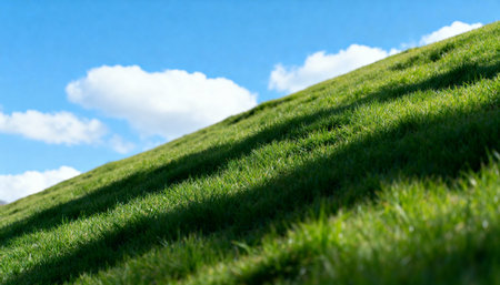 Lush green hillside covered in vibrant grass with long shadows under blue sky and white fluffy clouds on a sunny day.の素材