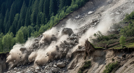 Massive landslide with tumbling boulders and dust clouds impacting rugged forest slope during natural disaster event.の素材