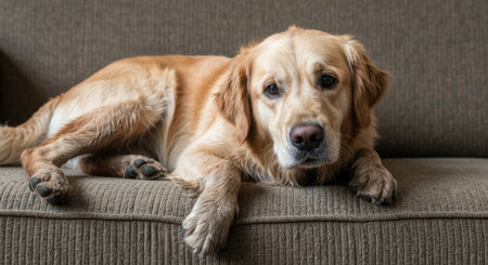 Golden retriever lying on a brown sofa indoors with relaxed posture and gentle expression, facing the camera in natural light.の素材