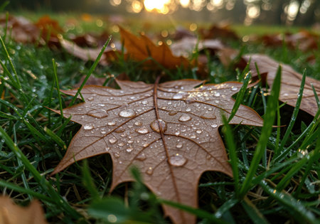 Close up of a brown autumn leaf covered in dew drops on green grass at sunrise in a serene natural outdoor setting.の素材