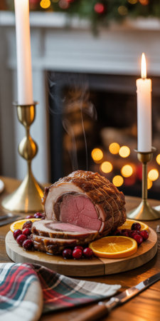 Festive holiday table with steaming roasted ham garnished with orange slices and cranberries in cozy candlelit dining room.の素材
