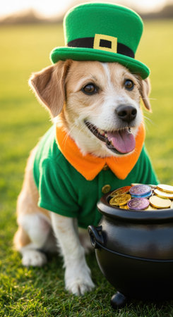 Happy dog in green leprechaun costume sitting outdoors with a pot full of gold coins on lush grass during sunny st patrick's day.の素材