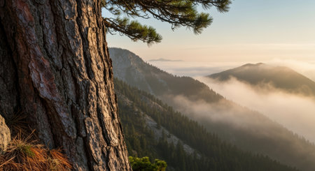 Morning view of pine tree with misty forested mountains and soft sunlight through atmospheric haze at sunrise.の素材