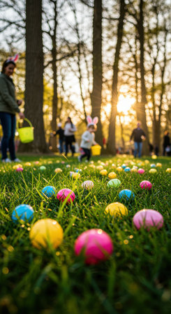 Children searching for colorful eggs during a festive outdoor hunt in a sunlit forest surrounded by families and tall trees.の素材