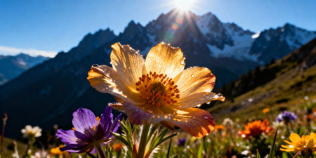 Vibrant alpine wildflowers blooming in morning sunlight with dramatic mountain peaks and clear blue sky in the background.の素材