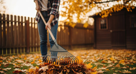 Person raking autumn leaves in a backyard garden with wooden fence and shed during golden hour in the fall season.の素材
