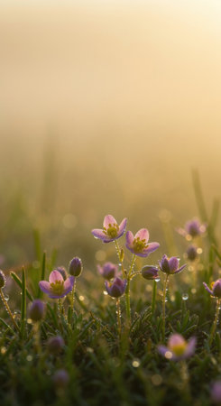 Delicate wildflowers blooming in dewy grass at sunrise, highlighted by warm golden morning light and gentle atmospheric mist.の素材
