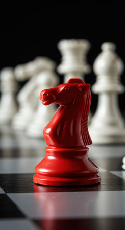 Red knight chess piece in sharp focus on chessboard with blurred white pieces symbolizes strategy and competition.の素材