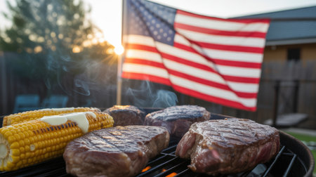 grilled steaks and buttered corn on the cob on a barbecue at sunset with American flag in the background for summer cookout.の素材