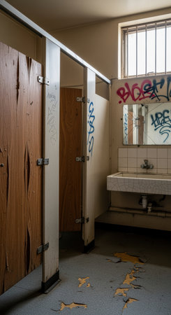 Abandoned public restroom with broken stall doors, graffiti covered walls, peeling floor paint, and natural light from barred window.の素材
