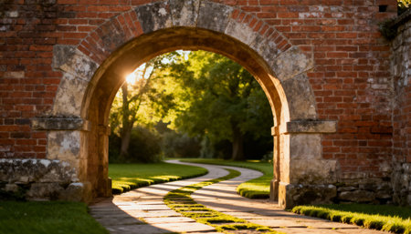 Historic brick archway framing a winding garden path illuminated by warm sunlight and lush green trees in a tranquil park setting.の素材