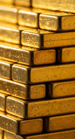 Shiny gold bars stacked in vertical piles with reflective surfaces and textured details under warm lighting.の素材