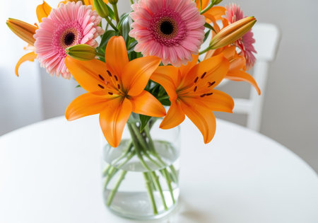 Vibrant orange lilies and pink gerbera daisies arranged in a clear glass vase on a white round table in a bright interior setting.の素材