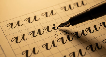 Elegant fountain pen practicing cursive handwriting on grid paper with repeated calligraphy strokes under warm lighting.の素材