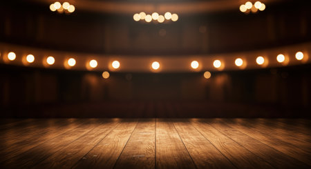 Empty wooden theater stage with warm lights and blurred auditorium, classical performance space ready for event or rehearsal.の素材