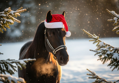 Black horse wearing red santa hat standing outdoors in snowy winter landscape surrounded by evergreen trees and sunlight.の素材
