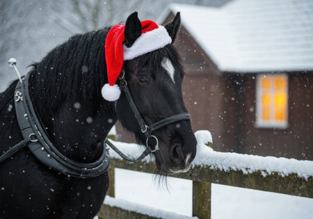 Black horse wearing a red santa hat standing by a snow covered fence during winter with a wooden house and falling snow in the background.の素材
