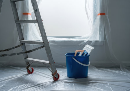 Room prepared for painting with plastic covering, step ladder, blue bucket and painting tools near a bright window.の素材