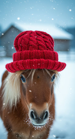 Adorable brown pony wearing a red knitted hat in a snowy winter landscape with gentle falling snow and rustic background.の素材
