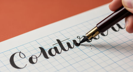Hand holding a black fountain pen practicing modern calligraphy strokes on a grid lined sheet with cursive lettering in progress.の素材