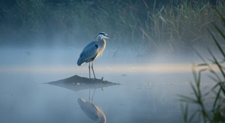 Great blue heron standing on a small mound in misty wetland at sunrise with soft reflections and lush reed grass in the background.の素材