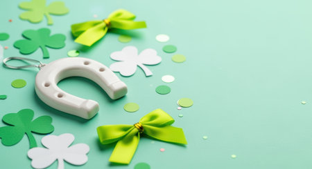 Horseshoe with green shamrocks and ribbons on pastel background celebrating good luck and festive seasonal decoration.の素材