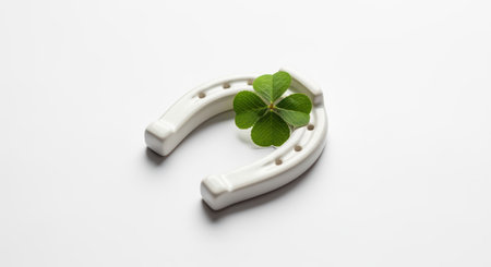 Ceramic horseshoe and four leaf clover symbolizing luck and good fortune on clean white background.の素材