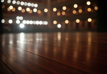 Empty wooden stage with blurred glowing lights in background, showcasing depth and ambiance for performance or rehearsal atmosphere.の素材
