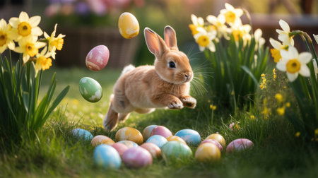 Playful brown bunny leaping among vibrant yellow daffodils and colorful decorated eggs in a lush springtime garden setting.の素材