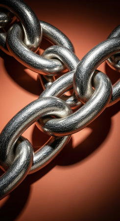 Strong metallic chain links connected on a warm surface, symbolizing security, strength, unity, and industrial durability.の素材