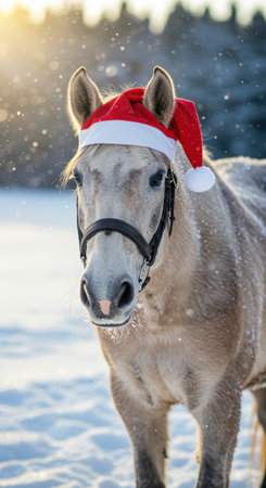 Elegant light brown horse wearing a santa hat standing in snowy winter landscape with forest background and soft sunlight.の素材