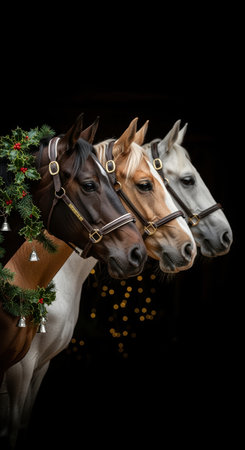 Four elegant horses in profile adorned with festive holiday garlands and bells, standing side by side with a dark background.の素材