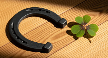 Horseshoe and fresh green four leaf clover on natural wooden surface symbolizing luck, fortune and chance in sunlight.の素材
