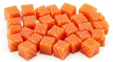 Fresh raw salmon cubes arranged in rows, highlighting vibrant orange color and marbled texture suitable for culinary presentation.の素材