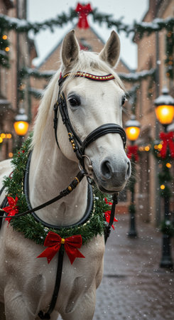 Majestic white horse adorned with festive garland and red bows standing in a decorated street during gentle snowfall in winter.の素材