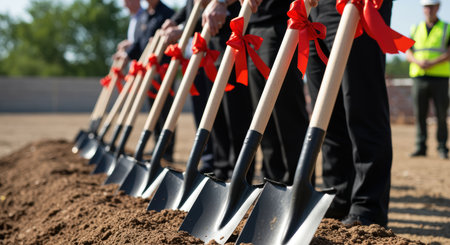 Business professionals in formal attire participate in groundbreaking ceremony with shovels adorned with red ribbons on sunny day.の素材