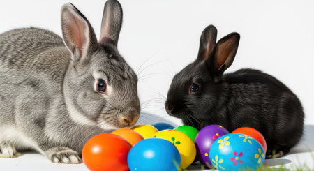 Curious gray and black rabbits surrounded by colorful decorated eggs on a bright white background during springtime.の素材