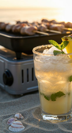 Refreshing iced cocktail with mint and pineapple on sandy beach at sunset, barbecue grill and seashells creating summer vibes.の素材