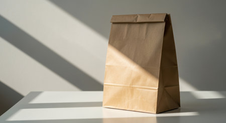 Eco friendly brown paper lunch bag standing upright on white table in natural morning light with geometric shadows.の素材