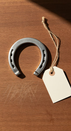 Metal horseshoe with blank kraft paper tag resting on wooden surface illuminated by natural sunlight for good luck themes.の素材