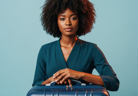 Confident young woman in teal outfit holding blue suitcase against pastel background, ready for business travel and new adventures.の素材