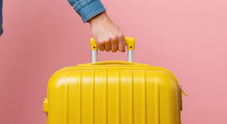 Close up of person holding yellow suitcase handle against pastel pink background, travel and vacation preparation concept.の素材