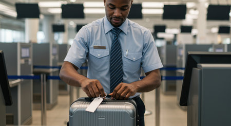 Airport security officer inspecting luggage at terminal checkpoint for travel safety and passenger compliance with regulations.の素材