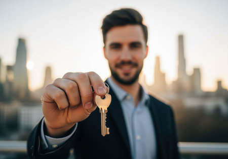 Confident young businessman holding house key in cityscape background symbolizing ownership, real estate, and success.の素材