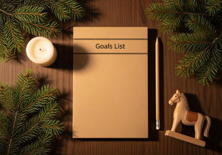 Blank goals list notebook with pencil, wooden horse and candle on wooden table beside pine branches, winter holiday planning.の素材