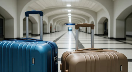 Two modern suitcases standing in an empty, brightly lit corridor with arched ceilings and geometric tiled flooring.の素材
