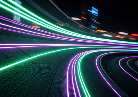 Neon green and purple light trails curving along a modern urban road at night with blurred motion and futuristic ambiance.の素材