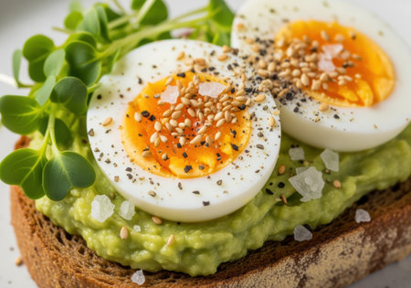 Sliced soft boiled eggs on avocado spread toast topped with sesame seeds, microgreens, flaky salt, and cracked black pepper.の素材